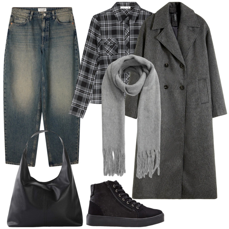 Outfit donna - Un po\' casual, un po\' elegante. Stile Casual chic per Tutti i giorni. Abbinamento con sneakers alte, shopping bag, cappotti, jeans, sciarpe, camicie.