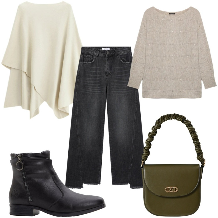 Outfit donna - Total look #2296982. Stile Casual per Tutti i giorni. Abbinamento con stivaletti, maglieria, borse a mano, jeans, maglieria.