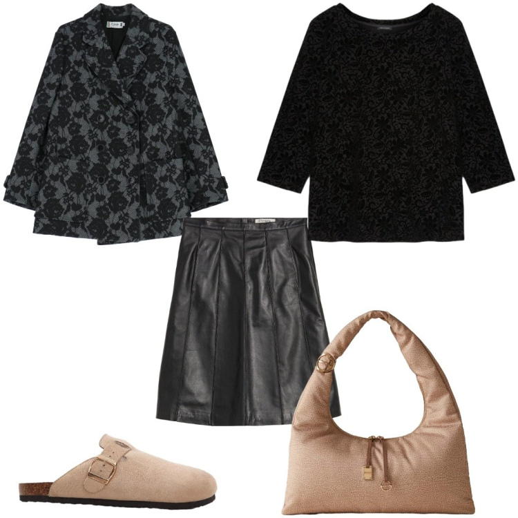 Outfit donna - Total look #2296987. Stile Trendy per Tutti i giorni. Abbinamento con gonne, pantofole, blazer, borse a mano, t-shirt.