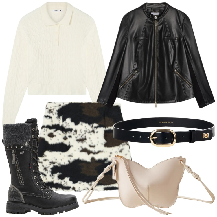 Outfit donna - Cow skirt. Stile Chic per Tutti i giorni. Abbinamento con stivali, minigonne, cinture, polo, borse a tracolla, giacche.
