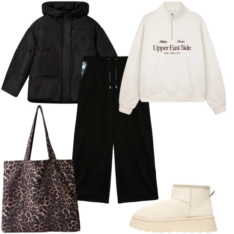 Outfit donna - Total look #2296991. Stile Trendy per Tutti i giorni. Abbinamento con shopping bag, bomber, felpe, stivaletti, pantaloni a palazzo.