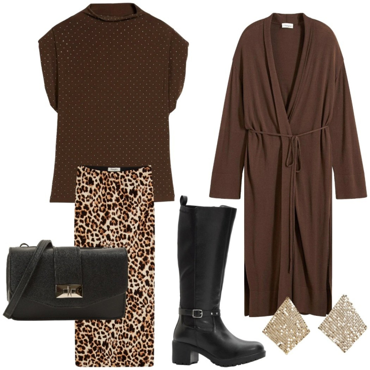 Outfit donna - Total look #2296993. Stile Casual chic per Serata fuori. Abbinamento con gonne longuette, top, cappotti, stivali, orecchini, borse a tracolla.