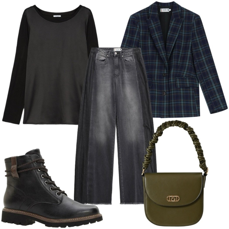 Outfit donna - Total look #2296995. Stile Casual per Tutti i giorni. Abbinamento con stivaletti, jeans, blazer, borse a mano, bluse.