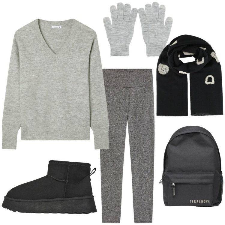 Outfit donna - Comfort in grigio. Stile Casual per Scuola/Università. Abbinamento con leggings, sciarpe, zaini, stivaletti, maglieria, guanti.