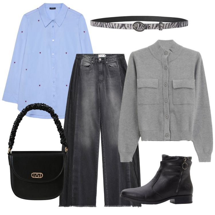 Outfit donna - Eleganza casual. Stile Casual per Tutti i giorni. Abbinamento con stivaletti, cardigans, jeans, borse a mano, cinture, camicie.