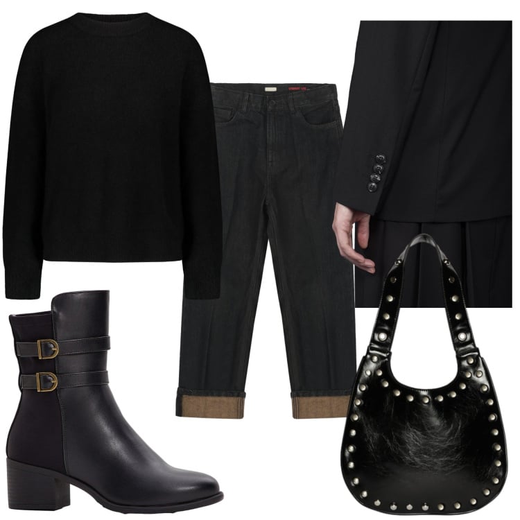 Outfit donna - Total look #2297004. Stile Casual chic per Ufficio. Abbinamento con stivaletti, jeans dritti, blazer, maglieria, borse a spalla.