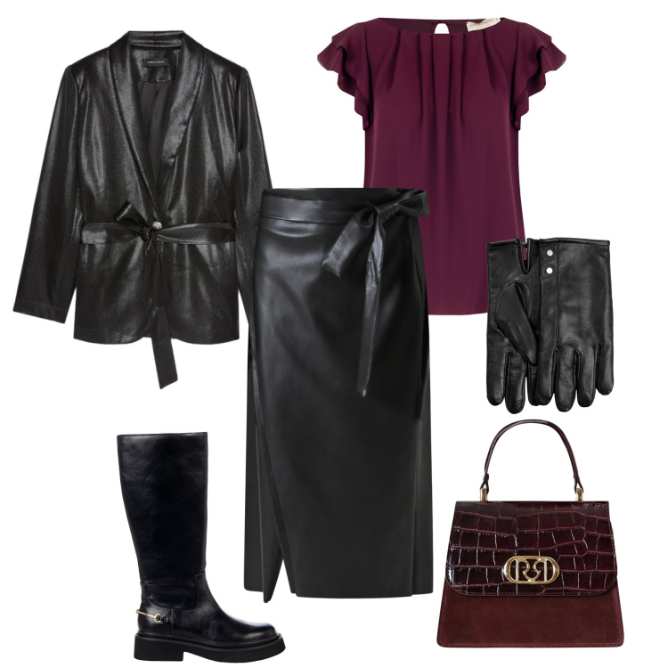 Outfit donna - La gonna a portafoglio. Stile Glamour per Serata fuori. Abbinamento con guanti, borse a mano, top, gonne longuette, stivali sopra il ginocchio, blazer.