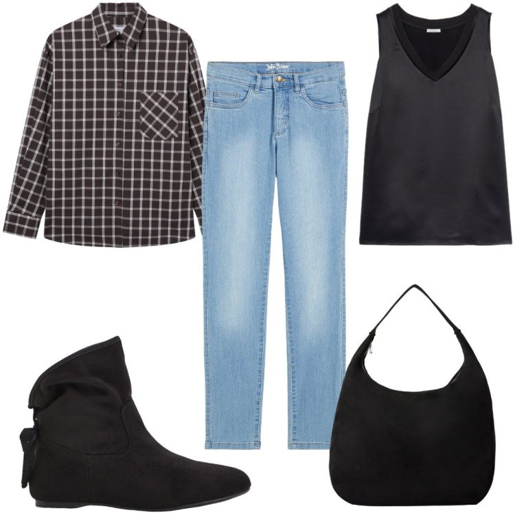 Outfit donna - Total look #2297009. Stile Casual per Tutti i giorni. Abbinamento con stivaletti, jeans dritti, borse a mano, camicie, top.