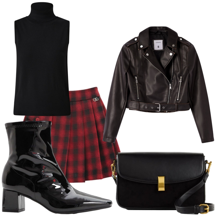 Outfit donna - Total look #2297015. Stile Rock per Serata fuori. Abbinamento con stivaletti, borse a mano, minigonne, maglieria, giacche.