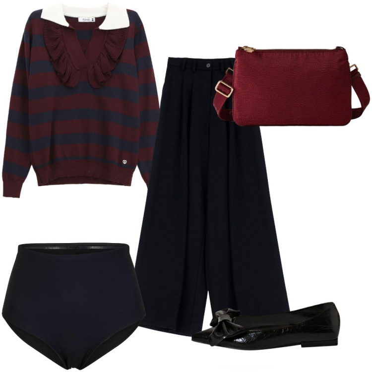 Outfit donna - Total look #2297016. Stile Trendy per Ufficio. Abbinamento con culotte, pullovers, pantaloni, ballerine, borse a tracolla.