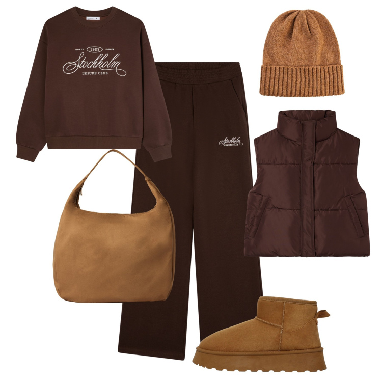 Outfit donna - Cioccolato & cognac comfy. Stile Casual per Tutti i giorni. Abbinamento con berretti, pantaloni, felpe, borse a mano, piumini, stivali.