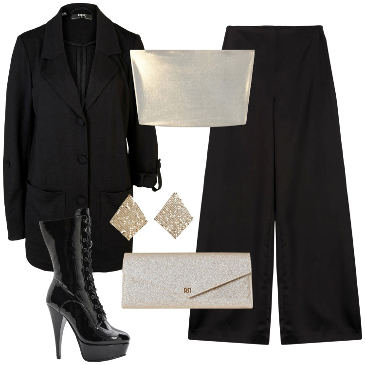 Outfit donna - Nero e oro. Stile Chic per Serata fuori. Abbinamento con blazer, stivaletti, pochette, orecchini, top, pantaloni a palazzo.