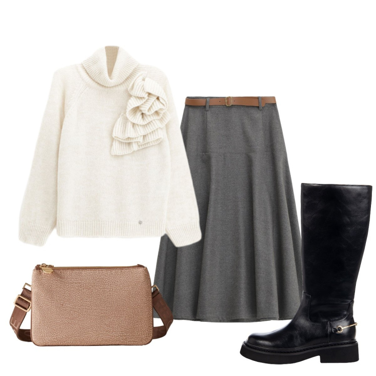 Outfit donna - In ufficio. Stile Bon Ton per Ufficio. Abbinamento con gonne lunghe, maglieria, stivali sopra il ginocchio, borse a tracolla.