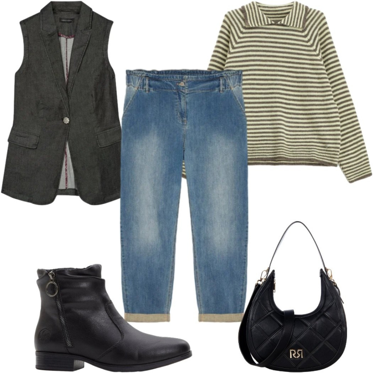 Outfit donna - Total look #2297024. Stile Casual per Tutti i giorni. Abbinamento con stivaletti, maglieria, borse a tracolla, gilet, jeans.