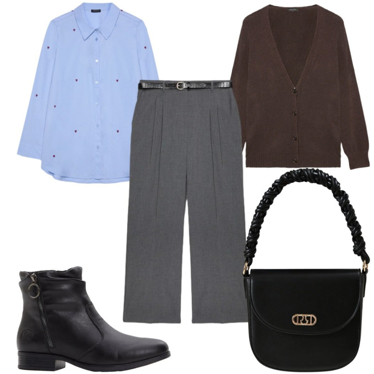 Outfit donna - Total look #2297025. Stile Casual per Tutti i giorni. Abbinamento con stivaletti, borse a mano, camicie, cardigans, pantaloni.