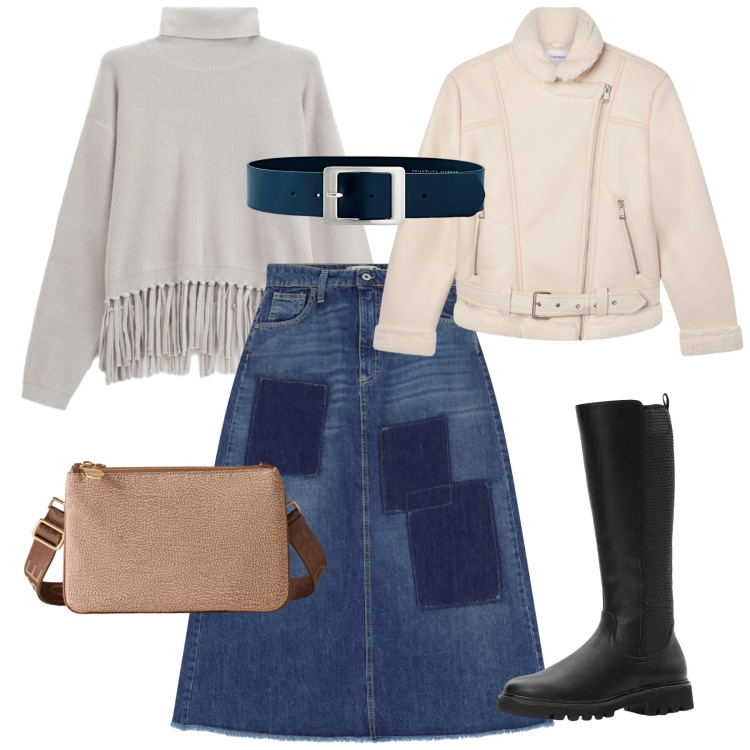 Outfit donna - Denim. Stile Bon Ton per Tutti i giorni. Abbinamento con stivali, cinture, gonne lunghe, maglieria, bomber, borse a tracolla.