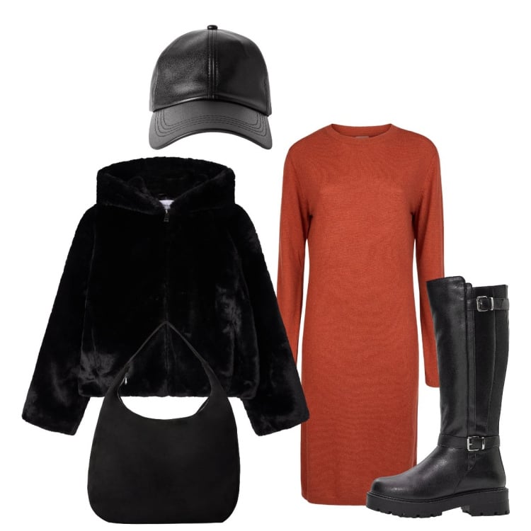 Outfit donna - Originale con il berretto in ecopelle. Stile Bon Ton per Tutti i giorni. Abbinamento con stivali, ecopellicce, borse a mano, cappelli con visiera, vestiti midi/longuette.