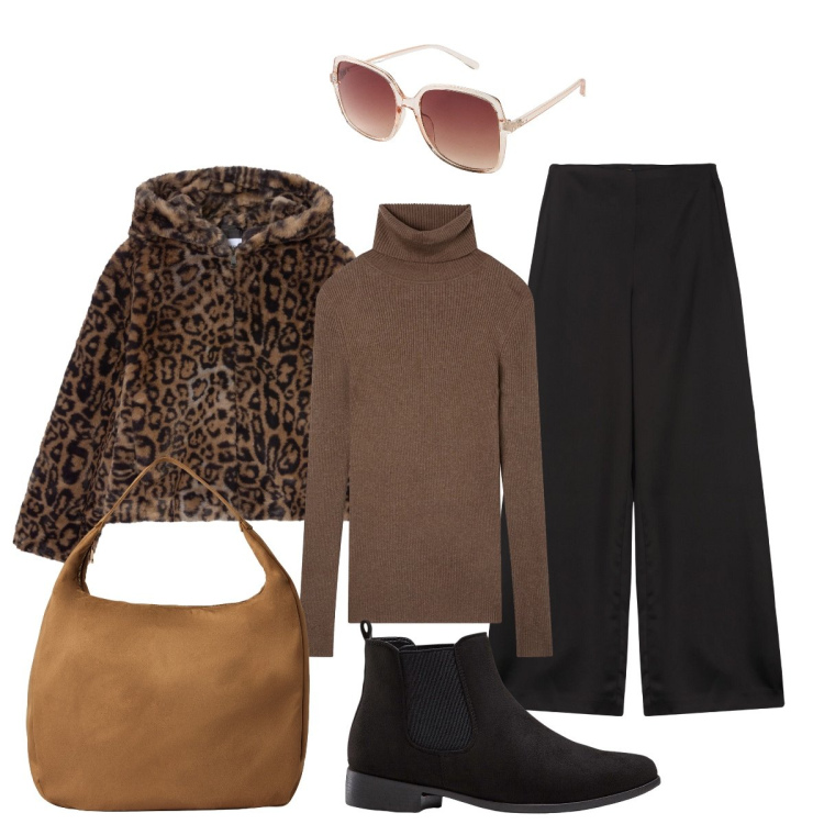 Outfit donna - Total look #2297045. Stile Casual chic per Tutti i giorni. Abbinamento con stivaletti chelsea, occhiali da sole, borse a mano, maglieria, ecopellicce, pantaloni a palazzo.