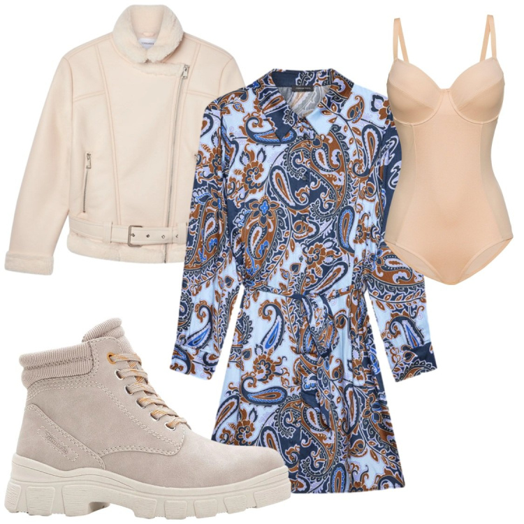 Outfit donna - Shopping con le amiche. Stile Casual chic per Tutti i giorni. Abbinamento con body, stivaletti, bomber, vestiti chemisier.