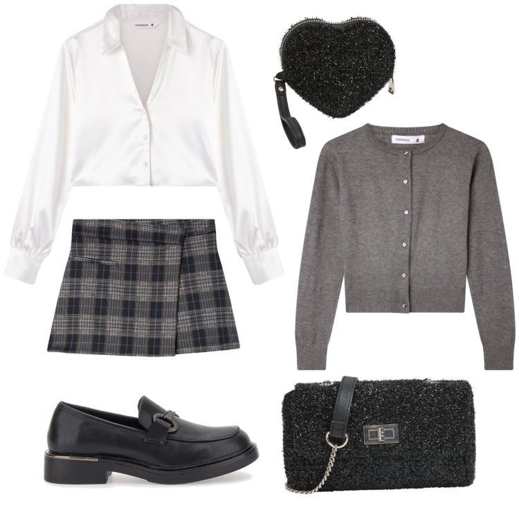 Outfit donna - Cambia con gonna tartan. Stile Glamour per Serata fuori. Abbinamento con cardigans, portafogli, camicie, minigonne, borse a tracolla, mocassini.