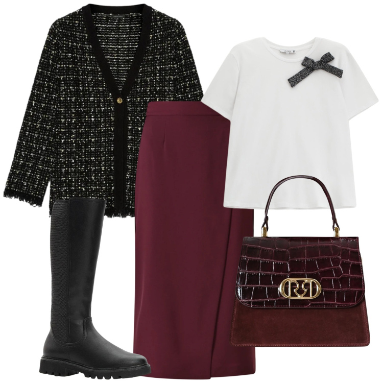 Outfit donna - La gonna burgundy. Stile Casual chic per Tutti i giorni. Abbinamento con stivali, t-shirt, gonne, borse a mano, cardigans.