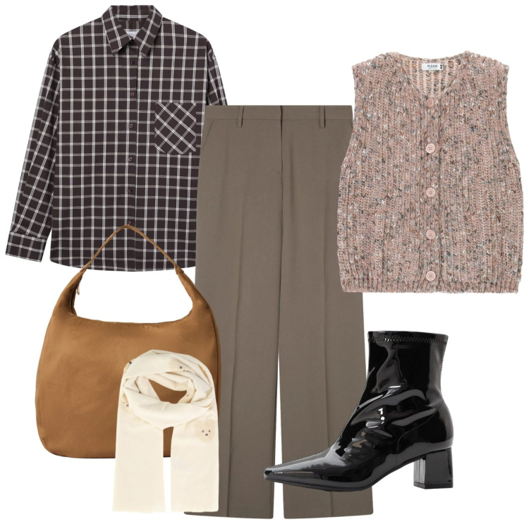 Outfit donna - Mix and match. Stile Casual per Tutti i giorni. Abbinamento con stivaletti, gilet, sciarpe, camicie, borse a mano, pantaloni a palazzo.