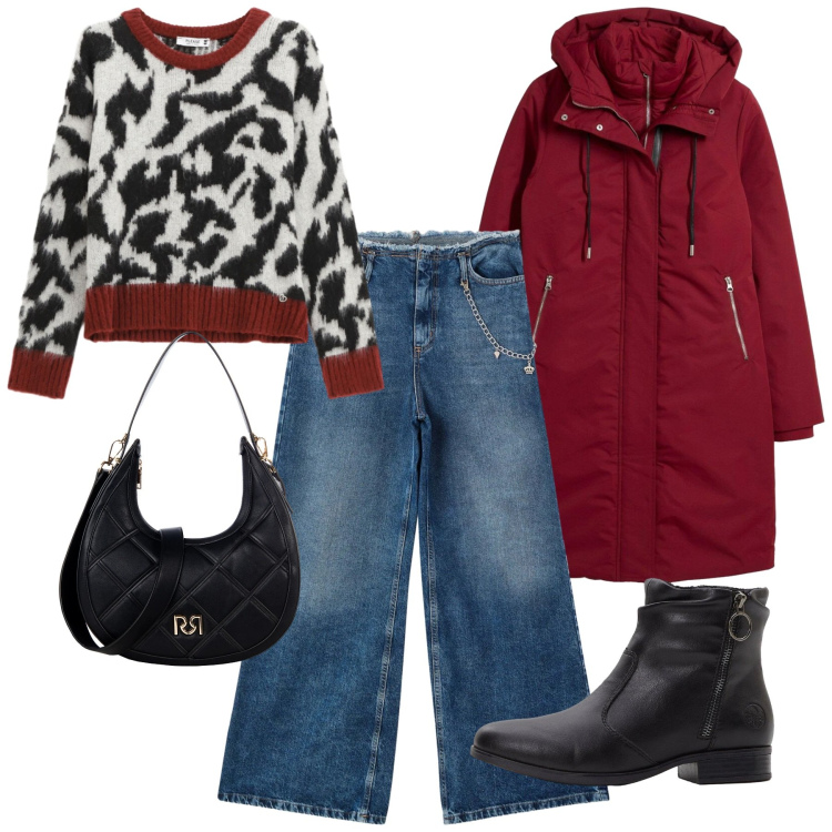 Outfit donna - Un pull speciale. Stile Casual per Tutti i giorni. Abbinamento con piumini, stivaletti, pullovers, borse a tracolla, jeans dritti.