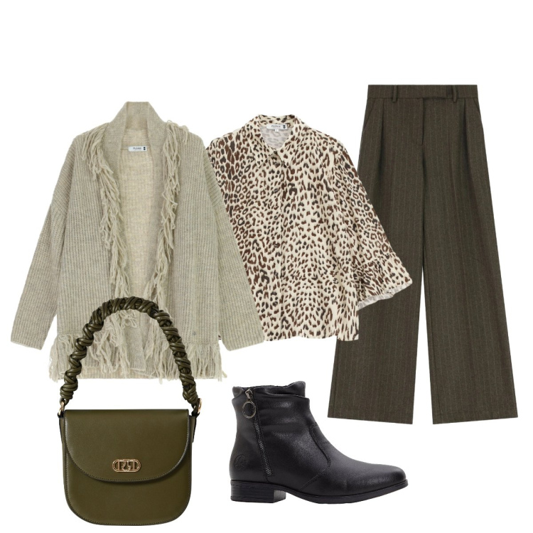 Outfit donna - Total look #2297056. Stile Casual chic per Tutti i giorni. Abbinamento con stivaletti, camicie, pantaloni a palazzo, cardigans, borse a mano.