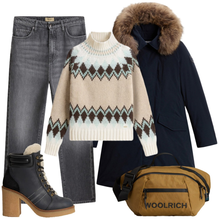 Outfit donna - In giro per mercatini. Stile Casual per Tutti i giorni. Abbinamento con parka, jeans, borse a tracolla, maglieria, stivaletti.