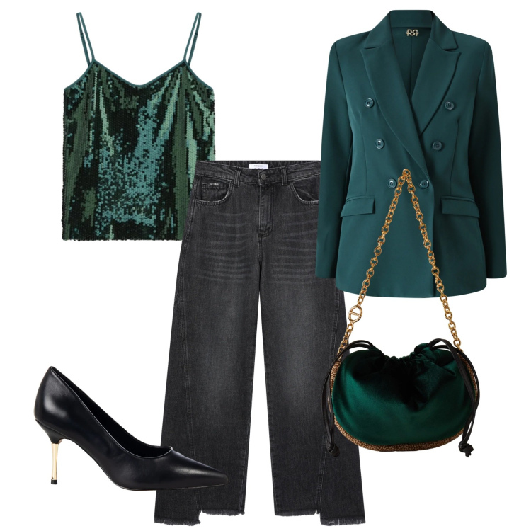 Outfit donna - Chic smeraldo. Stile Chic per Serata fuori. Abbinamento con top, blazer, décolleté, jeans, borse a spalla.