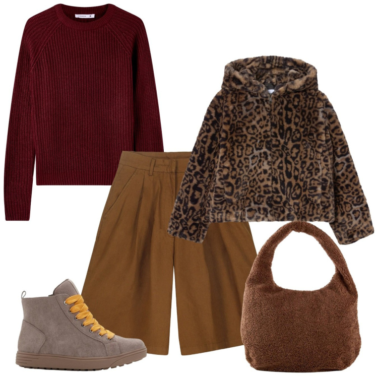Outfit donna - Un tocco animalier. Stile Casual chic per Tutti i giorni. Abbinamento con shopping bag, sneakers alte, maglieria, ecopellicce, bermuda.