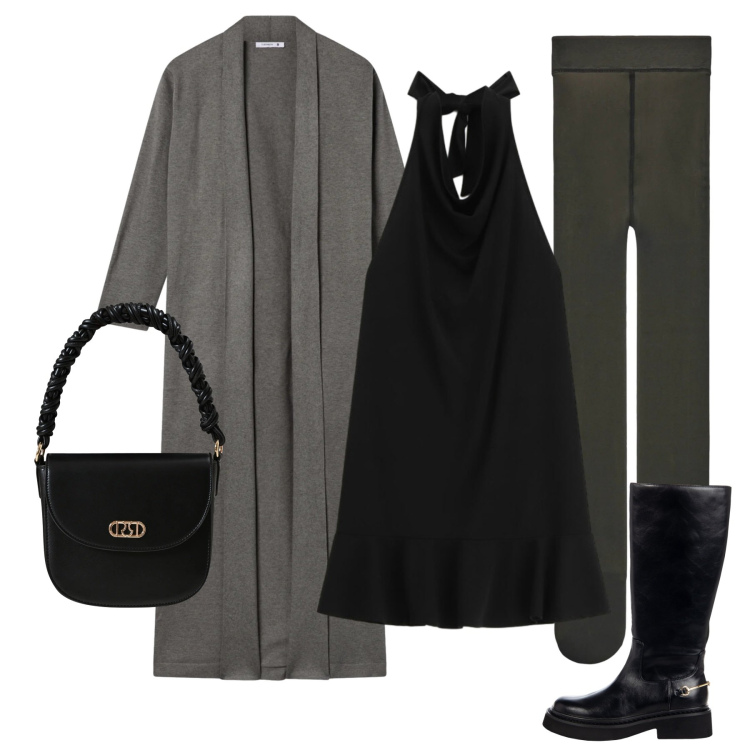 Outfit donna - Serata chic. Stile Chic per Serata fuori. Abbinamento con cardigans, collant, vestiti corti, stivali sopra il ginocchio, borse a mano.