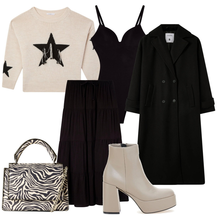 Outfit donna - Total look #2297063. Stile Chic per Serata fuori. Abbinamento con gonne lunghe, cappotti, maglieria, borse a tracolla, body, stivaletti.