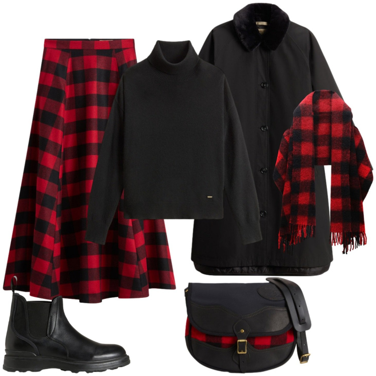 Outfit donna - Aria di natale. Stile Casual per Tutti i giorni. Abbinamento con gonne lunghe, stivaletti, sciarpe, borse a tracolla, maglieria, cappotti.