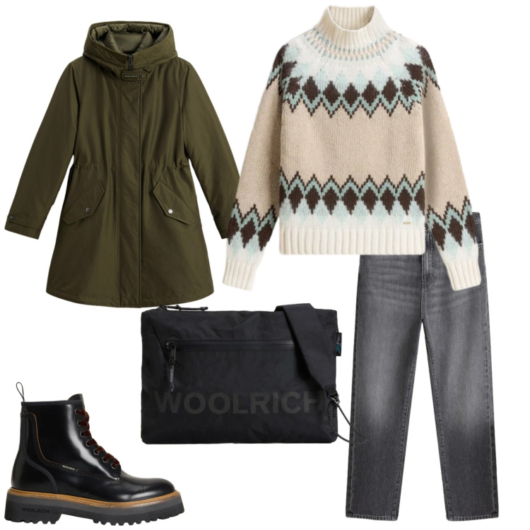 Outfit donna - Total look #2297072. Stile Casual per Tutti i giorni. Abbinamento con jeans, anfibi, maglieria, borse a tracolla, parka.