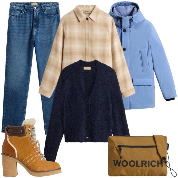 Outfit donna - Pronta apartire. Stile Casual per Tutti i giorni. Abbinamento con cardigans, borse a tracolla, stivaletti, parka, jeans, camicie.