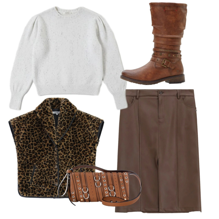 Outfit donna - Total look. Stile Casual per Tutti i giorni. Abbinamento con stivali, gonne, cappotti, borse a spalla, maglieria.