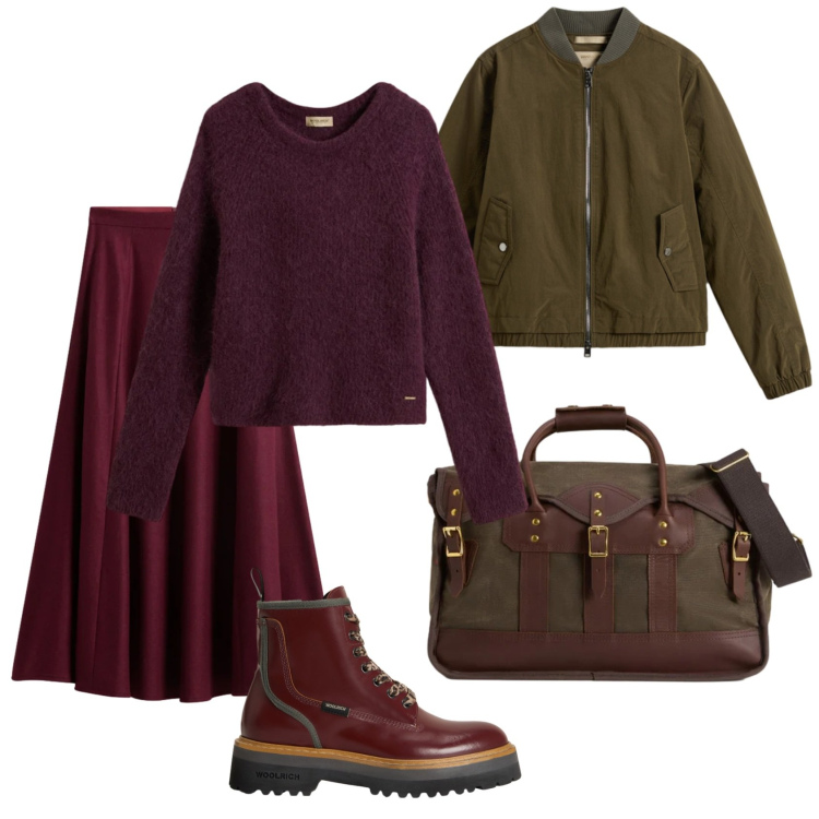 Outfit donna - Total look #2297077. Stile Minimal per Tutti i giorni. Abbinamento con maglieria, borse a tracolla, anfibi, gonne lunghe, bomber.