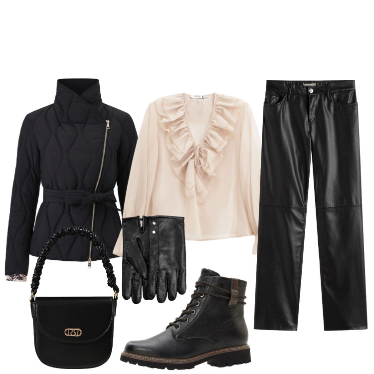 Outfit donna - Serata. Stile Casual chic per Serata fuori. Abbinamento con pantaloni, stivaletti, guanti, camicie, borse a mano, piumini.