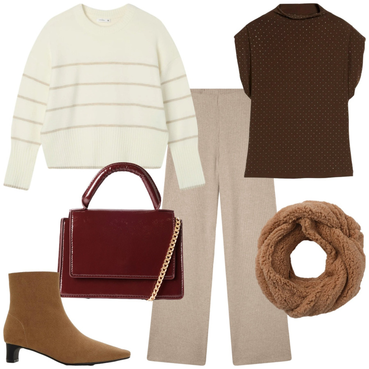 Outfit donna - Lavoro. Stile Casual chic per Ufficio. Abbinamento con stivaletti, top, maglieria, pantaloni, sciarpe, borse a tracolla.