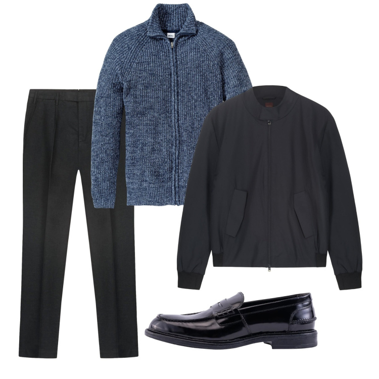 Outfit uomo - Novembre. Stile Casual per Tutti i giorni. Abbinamento con cardigans, scarpe stringate, pantaloni, bomber.