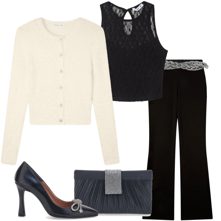 Outfit donna - Xmas edition Terranova. Stile Casual chic per Serata fuori. Abbinamento con pantaloni, top, cardigans, cinture, décolleté, pochette.