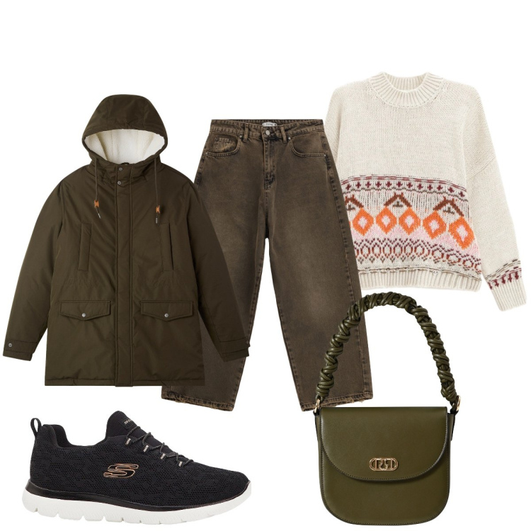 Outfit donna - Total look #2297100. Stile Casual chic per Tutti i giorni. Abbinamento con sneakers, pantaloni a palazzo, maglieria, borse a mano, parka.