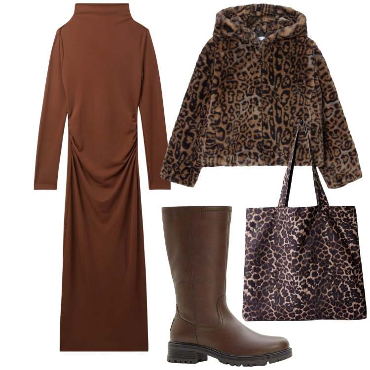Outfit donna - Animalier. Stile Urban per Tutti i giorni. Abbinamento con stivali, vestiti lunghi, shopping bag, ecopellicce.