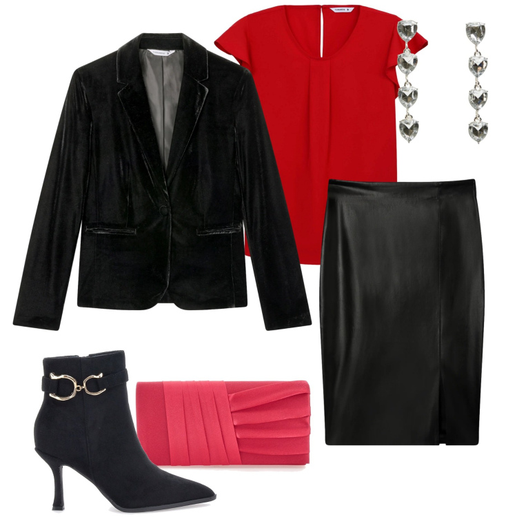 Outfit donna - Xmas edition Terranova. Stile Chic per Serata fuori. Abbinamento con gonne longuette, bluse, blazer, orecchini, stivaletti, pochette.