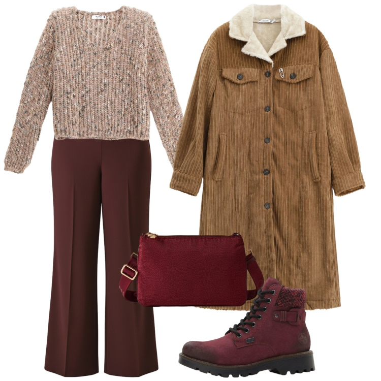 Outfit donna - Novembre. Stile Casual per Tutti i giorni. Abbinamento con stivaletti, maglieria, cappotti, pantaloni a palazzo, borse a tracolla.
