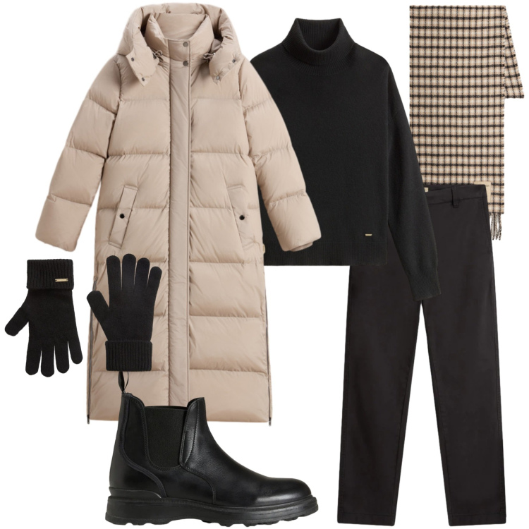 Outfit donna - Holiday Heritage. Stile Casual chic per Tutti i giorni. Abbinamento con pantaloni, parka, stivaletti, maglieria, sciarpe, guanti.