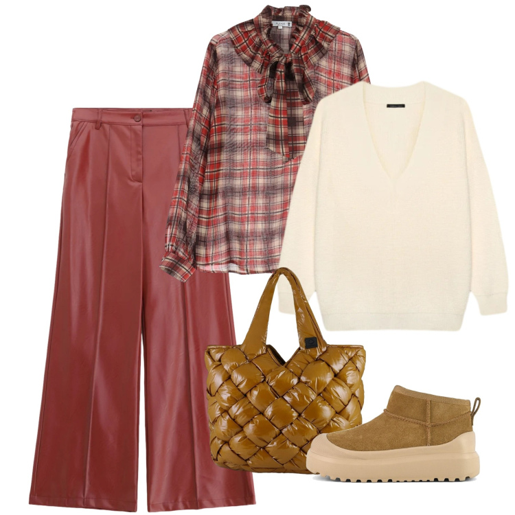 Outfit donna - Gennaio. Stile Chic per Tutti i giorni. Abbinamento con bluse, pantaloni, borse tote, stivali, maglieria.