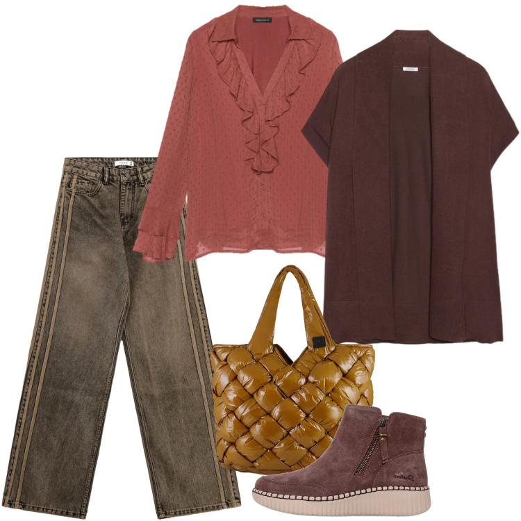 Outfit donna - Gennaio. Stile Bon Ton per Tutti i giorni. Abbinamento con jeans, borse tote, cardigans, bluse, stivaletti.