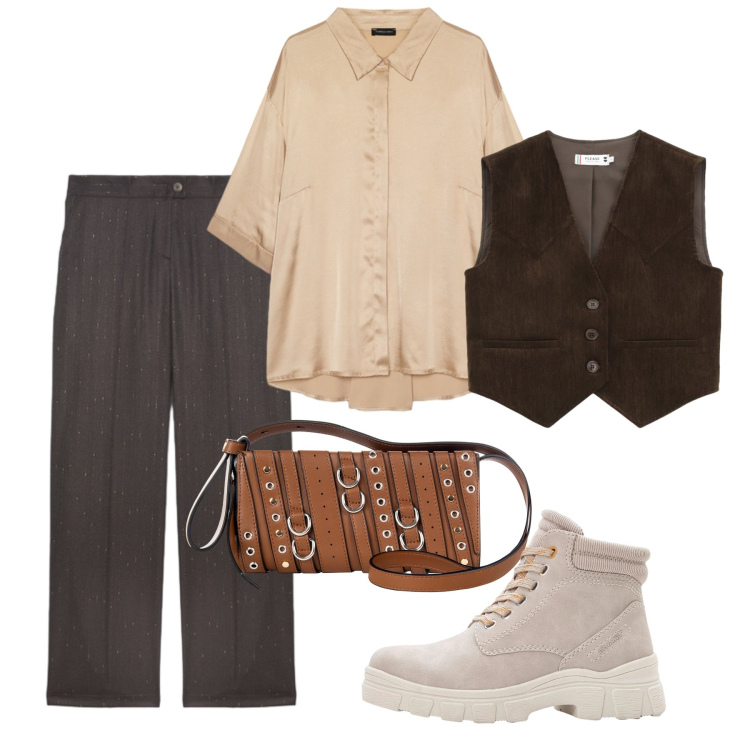Outfit donna - Novembre. Stile Casual per Tutti i giorni. Abbinamento con stivaletti, gilet, borse a spalla, camicie, pantaloni.